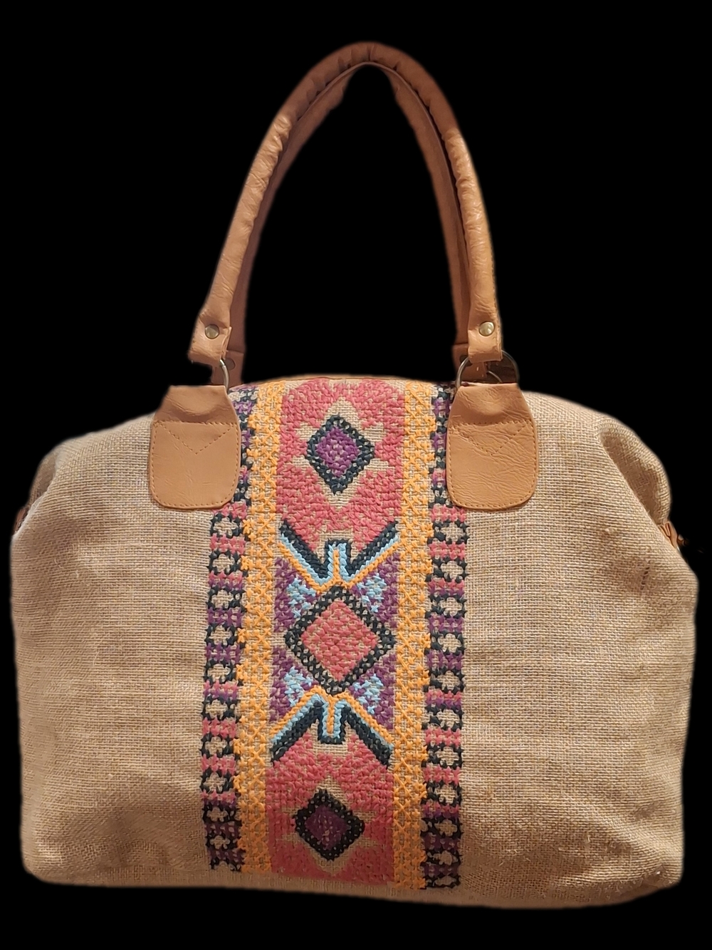 Tan Boho Tote with Multicolor Embroidered Center